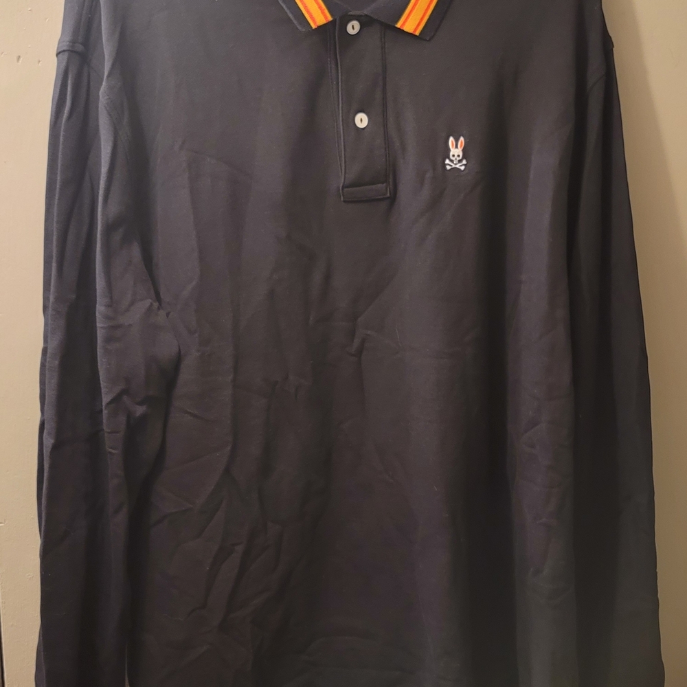 Psycho Bunny 100% Pima Cotton Long Sleeve Blue Golf Polo Shirt 2XL TALL